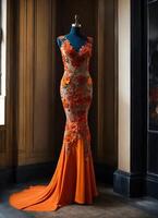 AI generated Fashionable evening orange summer dress on a mannequin. ai generative. ai generative photo