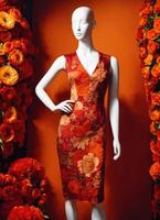 AI generated Fashionable evening orange summer dress on a mannequin. ai generative. ai generative photo