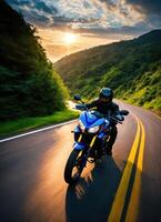 ai generado motociclista montando un motocicleta en un país la carretera a puesta de sol. ai generativo foto