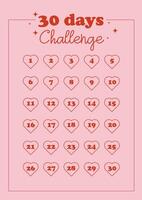 Vector 30 days challenge template habit tracker, notebook page, pink background