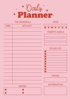 Vector daily planner template with schedule, to do list, notebook page, pink background