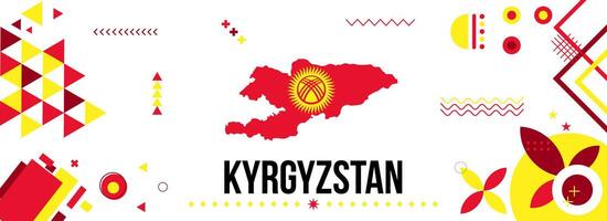 Kyrgyzstan national or independence day banner for country celebration. Map of Kyrgyzstan with modern retro design with typorgaphy abstract geometric icons. Vector illustration.