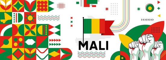 Mali national or independence day banner for country celebration. Flag and map of Mali with raised fists. Modern retro design with typorgaphy abstract geometric icons. Vector illustration