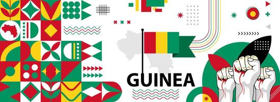 Guinea national or independence day banner for country celebration. Flag and map of Guinea with raised fists. Modern retro design with typorgaphy abstract geometric icons. Vector illustration