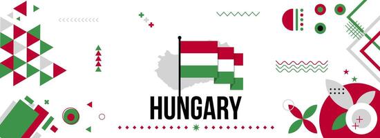 Hungary national or independence day banner for country celebration. Hungarian Flag and map with raised fists. Modern retro design with typorgaphy abstract geometric icons. Vector illustration.