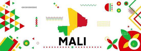 Mali national or independence day banner for country celebration. Flag and map of Mali with modern retro design with typorgaphy abstract geometric icons. Vector illustration.