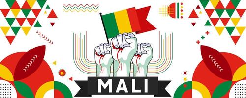 Mali national or independence day banner for country celebration. Flag of Mali with raised fists. Modern retro design with typorgaphy abstract geometric icons. Vector illustration.