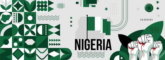 Nigeria national or independence day banner for country celebration. Flag and map of Nigeria with raised fists. Modern retro design with typorgaphy abstract geometric icons. Vector illustration