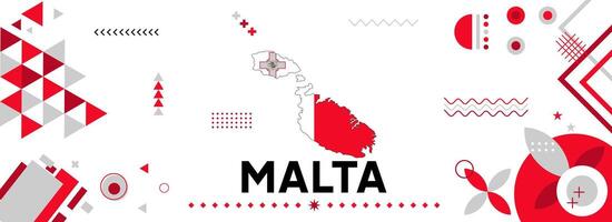 Malta national or independence day banner for country celebration. Flag and map of Malta with modern retro design with typorgaphy abstract geometric icons. Vector illustration.