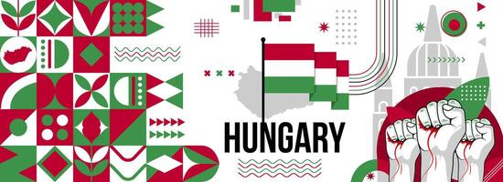 Hungary national or independence day banner for country celebration. Flag and map of Hungarian with raised fists. Modern retro design with typorgaphy abstract geometric icons. Vector illustration