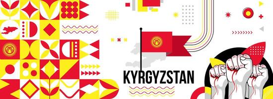 Kyrgyzstan national or independence day banner for country celebration. Flag and map of Kyrgyzstan with raised fists. Modern retro design with typorgaphy abstract geometric icons. Vector illustration