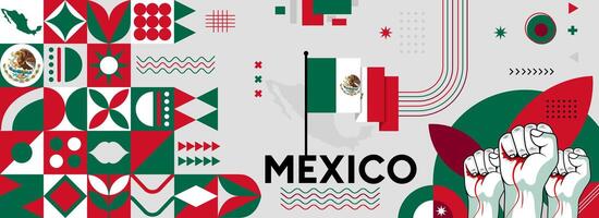 mexico nacional o independencia día bandera para país celebracion. bandera y mapa de mexico con elevado puños moderno retro diseño con tiporgafia resumen geométrico iconos vector ilustración