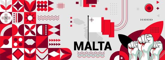 Malta national or independence day banner for country celebration. Flag and map of Malta with raised fists. Modern retro design with typorgaphy abstract geometric icons. Vector illustration