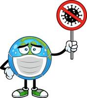 Sick Earth Globe Cartoon Character With Face Mask Holding A Stop Sign. Vector Hand Drawn Illustration Isolated On Transparent Background