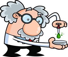 Funny Science Professor Cartoon Character Doing Scientific Experiment. Vector Hand Drawn Illustration Isolated On Transparent Background