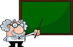 Funny Science Professor Cartoon Character Holding A Pointer Stick To A Chalkboard. Vector Hand Drawn Illustration