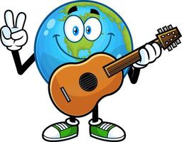 Smiling Earth Globe Cartoon Character With Guitar Showing Peace Hand Sign. Vector Hand Drawn Illustration Isolated On Transparent Background