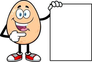 Egg Cartoon Character Pointing To A Blank Sign. Vector Illustration Isolated On White Background