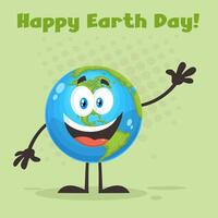 Happy Earth Globe Cartoon Character Waving For Greeting. Vector Flat Design Illustration With Background And Text
