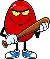 Angry Red Easter Egg Cartoon Character With Baseball Bat. Vector Illustration Isolated On White Background