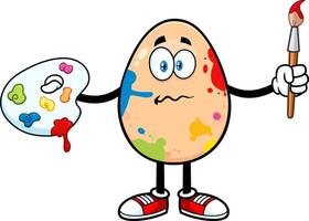 Confused Egg Cartoon Character Spattered and Holding A Paintbrush And Palette. Vector Illustration Isolated On White Background