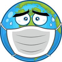 Sick Earth Globe Cartoon Character With Face Mask. Vector Hand Drawn Illustration Isolated On Transparent Background