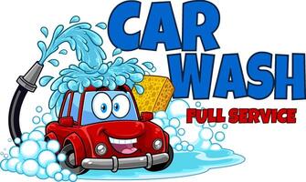 Automobile Cartoon Character Washing Itself Over Car Wash. Vector Hand Drawn Illustration Isolated On Transparent Background With Text