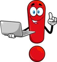 Red Exclamation Mark Cartoon Character With Laptop Pointing With Finger vector