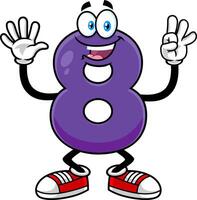 Funny Purple Number Eight 8 Cartoon Character Showing Hands Number Eight. Vector Hand Drawn Illustration Isolated On Transparent Background