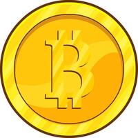 Cartoon Golden Coin With Bitcoin Sign. Vector Hand Drawn Illustration