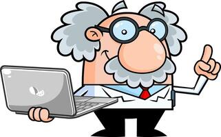 Smiling Science Professor Cartoon Character With Laptop Pointing. Vector Hand Drawn Illustration Isolated On Transparent Background