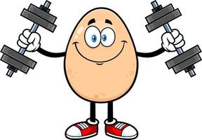 Smiling Egg Cartoon Character Working Out With Dumbbells. Vector Illustration Isolated On White Background