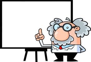 Funny Science Professor Cartoon Character Pointing To A White Presentation Board. Vector Hand Drawn Illustration Isolated On Transparent Background