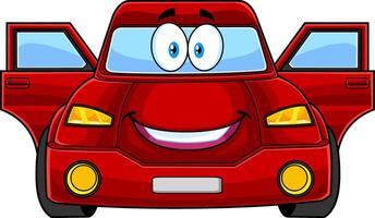 Happy Cute Red Car Cartoon Character With Open Doors. Vector Hand Drawn Illustration Isolated On Transparent Background