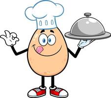 Chef Egg Cartoon Character character Gesturing Ok And Holding A Silver Platter vector