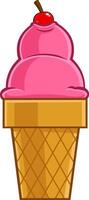 Cartoon Cherry Ice Cream Waffle Cone. Vector Hand Drawn Illustration Isolated On Transparent Background