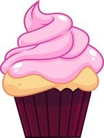 Cartoon Cupcake With Pink Cream. Vector Hand Drawn Illustration Isolated On Transparent Background