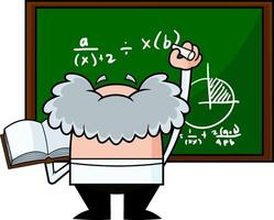 gracioso Ciencias profesor dibujos animados personaje con un libro de texto escribe complejo fórmulas en pizarra vector