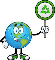 Earth Globe Cartoon Character Holding Up A Recycle Sign. Vector Hand Drawn Illustration Isolated On Transparent Background