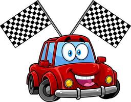 Happy Car Cartoon Character With Race Flags. Vector Hand Drawn Illustration Isolated On Transparent Background