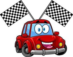 Happy Car Cartoon Character With Race Flags. Vector Hand Drawn Illustration Isolated On Transparent Background