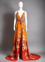 AI generated Fashionable evening orange summer dress on a mannequin. ai generative. ai generative photo