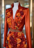 AI generated Fashionable evening orange summer dress on a mannequin. ai generative. ai generative photo