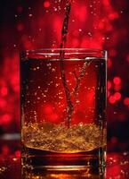 AI generated a glass of whiskey with ice and splashes. Golden sparkles background. ai generative photo