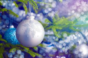 Christmas tree decoration bauble on decorated Christmas tree bac photo