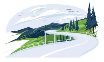 Mountains highway spring or summer landscape. Green meadow with coniferous trees in the valley. Vector flat illustration. Tourism and travel.