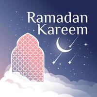 The mystical night of Ramadan. Traditional Arabic window in the clouds. Bright Starry Night and World of the Moon. Square vector postcard