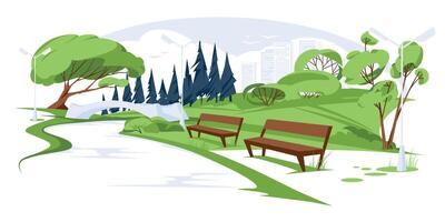 vacío primavera o verano ciudad parque paisaje. un puente y un río en el medio de un verde prado. rascacielos vector plano ilustración