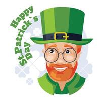 Saint Patrick's day greeting card. A man with an orange beard wearing a green traditional Irish hat. Character concept. Vector flat illustration