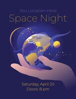 Space party poster. Advertisement of nightclub events. Human hand holding earth on dark background. Greeting card design concept. Vector illustration